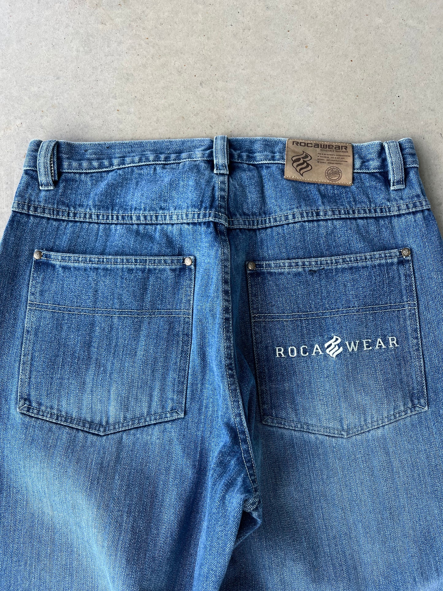 Y2K Rocawear Embroidered Baggy Blue Jeans [36x34]