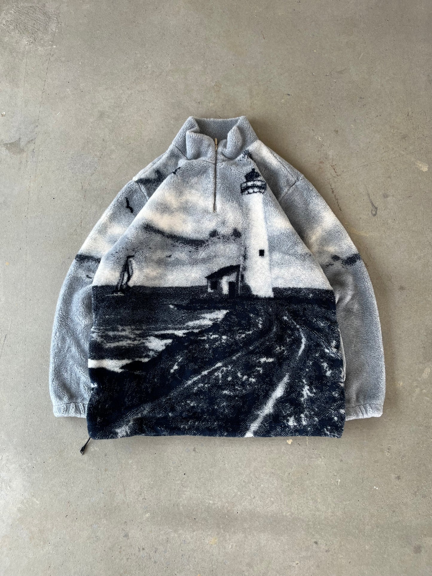 90’s Beach Lighthouse All Over Print Fleece Jacket [L]