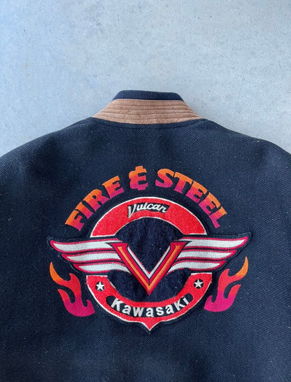 90s Kawasaki Fire & Steel Vulcan Motorcycle Leather Jacket [XL]