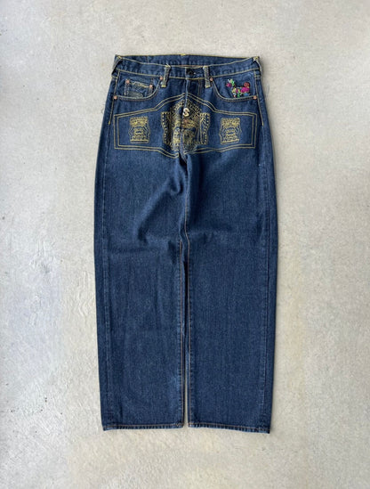Y2K RMC Embroidered Baggy Dark Wash Pants [34x33]