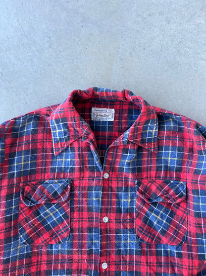 80s Red & Blue Plaid Cotton Flannel [M]