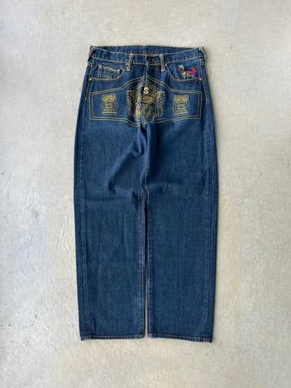 Y2K RMC Embroidered Baggy Dark Wash Pants [34x32]