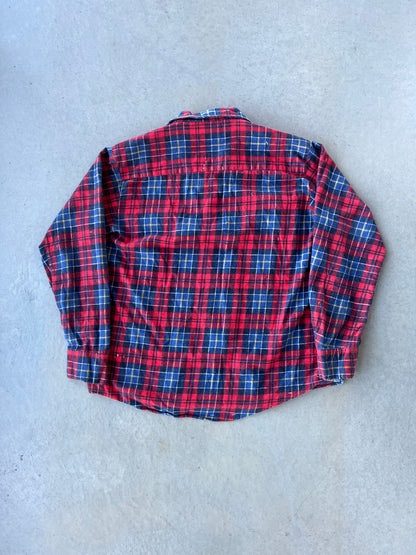 80s Red & Blue Plaid Cotton Flannel [M]