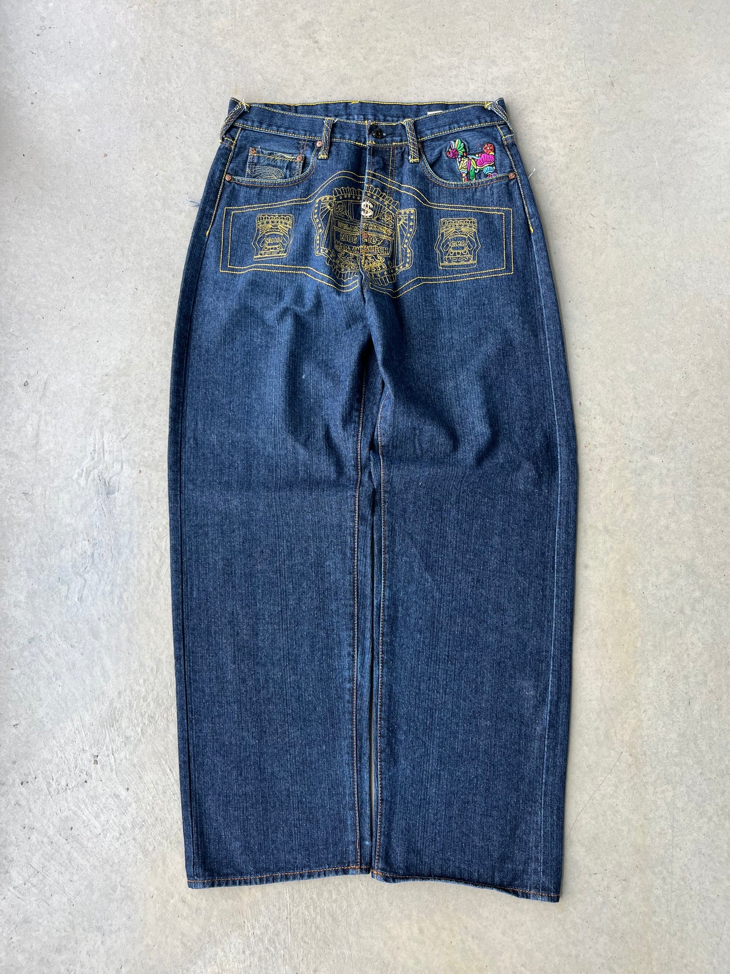 Y2K RMC Embroidered Baggy Dark Wash Pants [34x33]