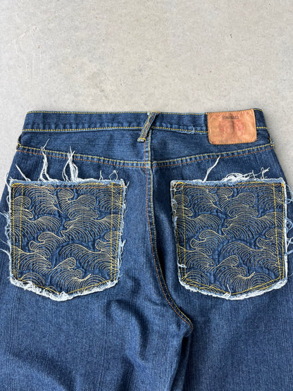 Y2K RMC Embroidered Baggy Dark Wash Pants [34x33]