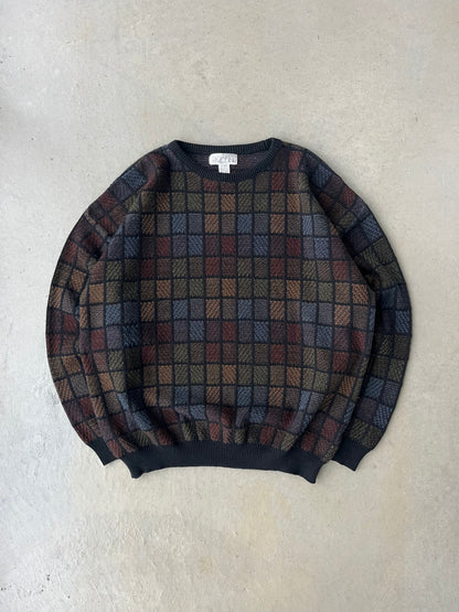 90s Square Patterned Acrylic Sweater [XL]