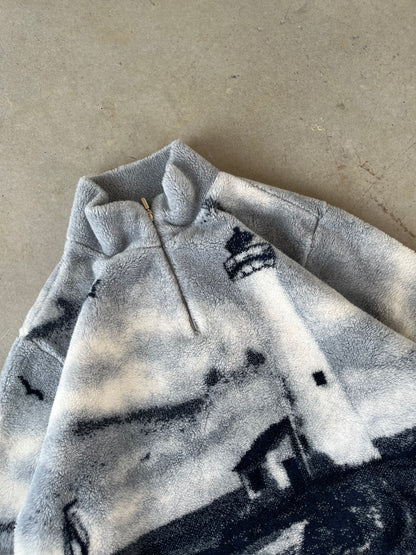 90’s Beach Lighthouse All Over Print Fleece Jacket [L]