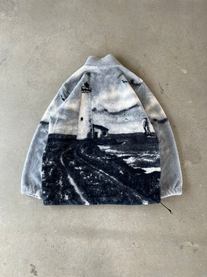 90’s Beach Lighthouse All Over Print Fleece Jacket [L]