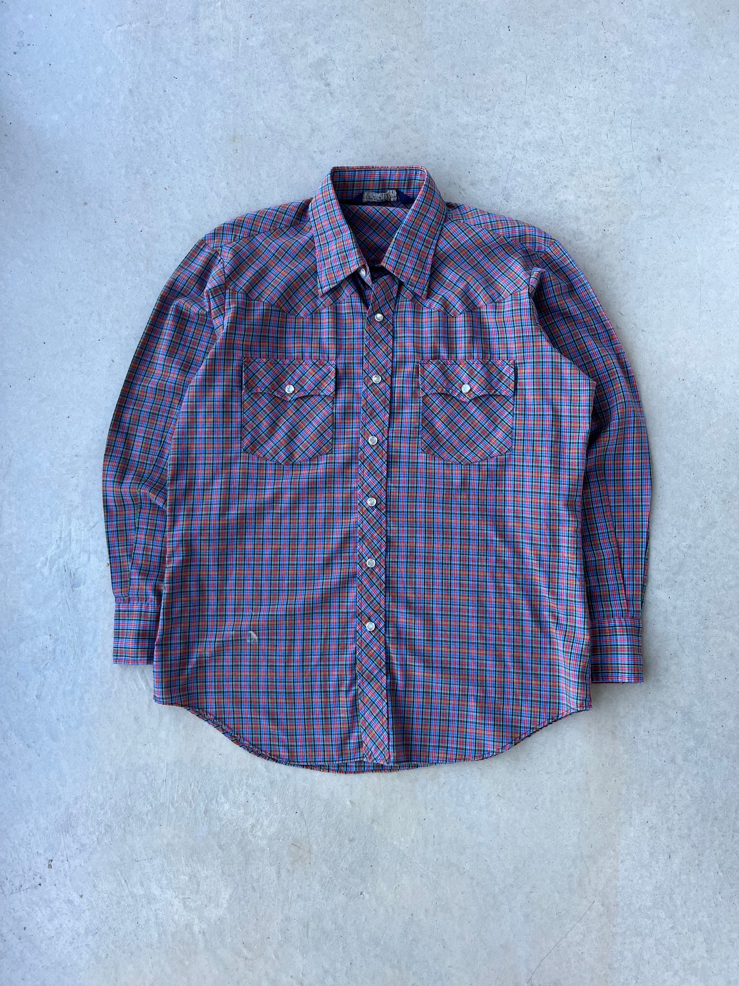 90s Multi-Colored Plaid Pearl Snap Button Up [L]