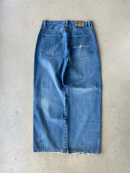 Y2K Rocawear Embroidered Baggy Blue Jeans [36x34]