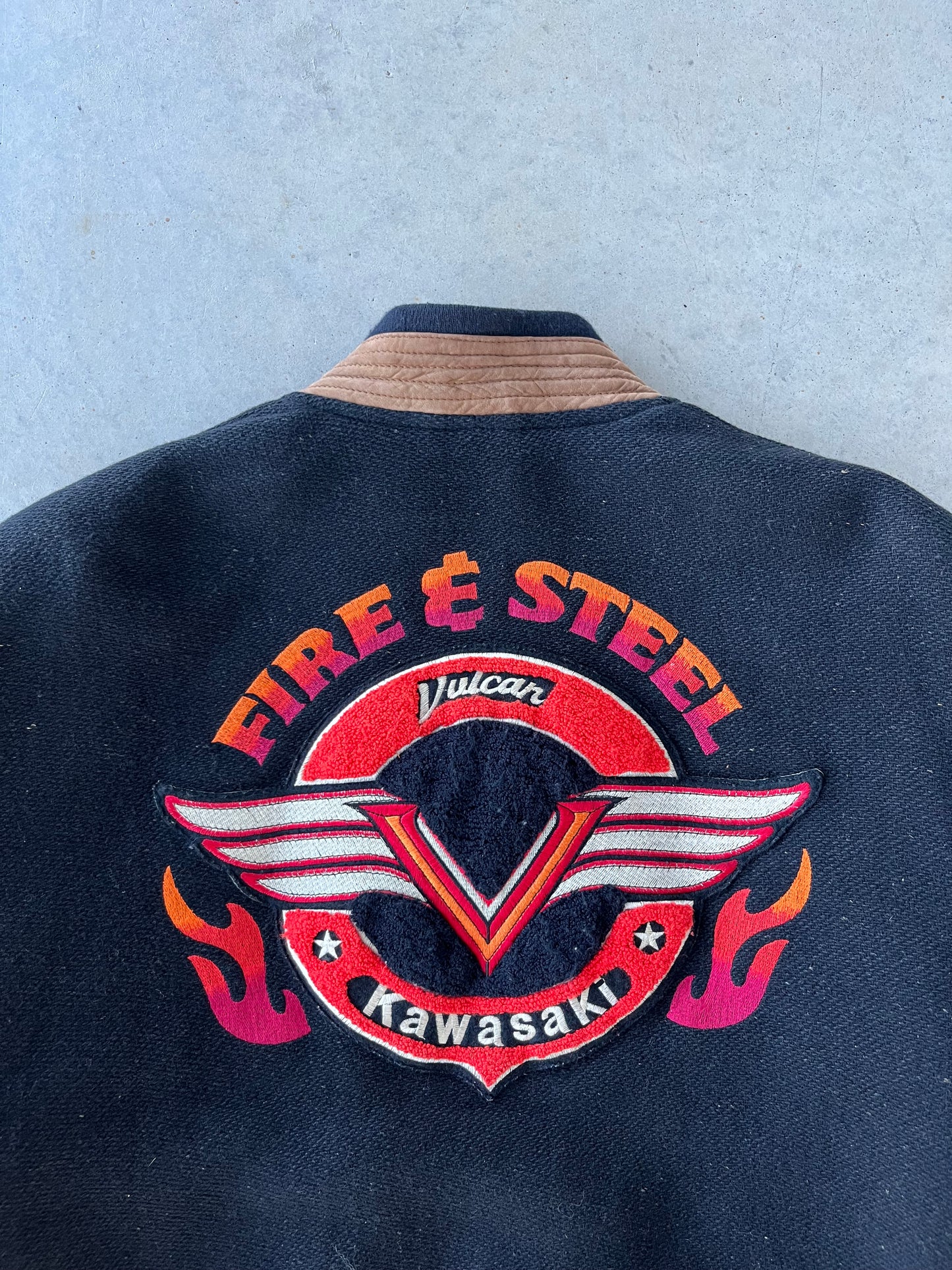 90s Kawasaki Fire & Steel Vulcan Motorcycle Leather Jacket [XL]