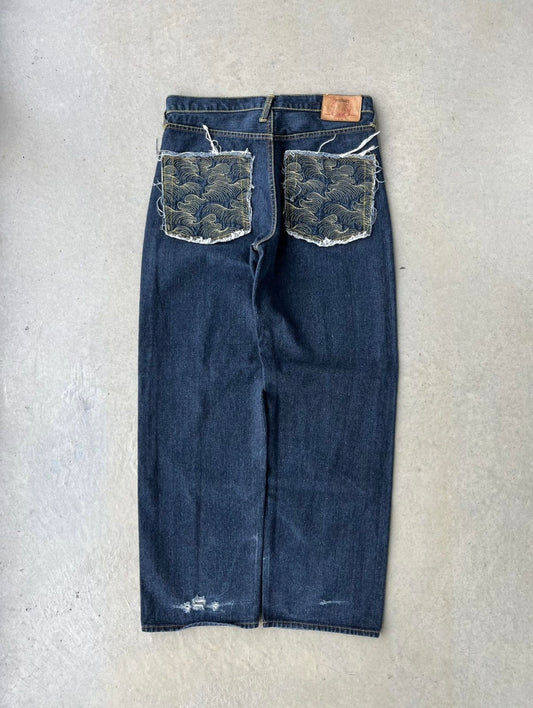 Y2K RMC Embroidered Baggy Dark Wash Pants [34x33]