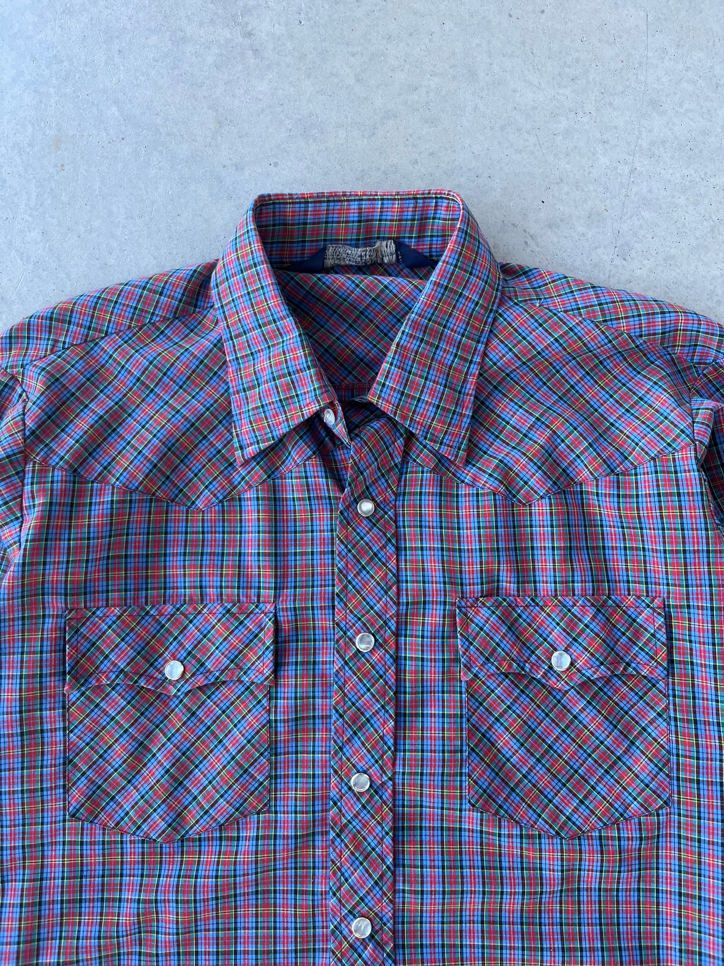 90s Multi-Colored Plaid Pearl Snap Button Up [L]